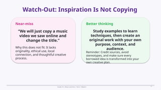 Prepared By: DepEd Club Team - DEPEDCLUB.COM
Prepared By: DepEd Club Team - DEPEDCLUB.COM
Watch-Out: Inspiration Is Not Copying
Grade 10 | Music and Arts | Term 1 Week 6 17
Near-miss
“We will just copy a music
video we saw online and
change the title.”
Why this does not fit: It lacks
originality, ethical use, local
connection, and thoughtful creative
process.
Better thinking
Study examples to learn
techniques, then create an
original work with your own
purpose, context, and
audience.
Reminder: Credit sources, avoid
stereotypes, and make sure every
borrowed idea is transformed into your
own creative plan.
 