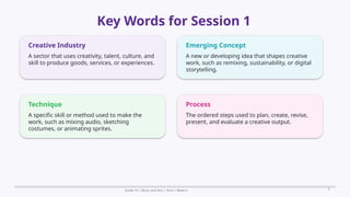 Prepared By: DepEd Club Team - DEPEDCLUB.COM
Prepared By: DepEd Club Team - DEPEDCLUB.COM
Key Words for Session 1
Grade 10 | Music and Arts | Term 1 Week 6 9
Creative Industry
A sector that uses creativity, talent, culture, and
skill to produce goods, services, or experiences.
Emerging Concept
A new or developing idea that shapes creative
work, such as remixing, sustainability, or digital
storytelling.
Technique
A specific skill or method used to make the
work, such as mixing audio, sketching
costumes, or animating sprites.
Process
The ordered steps used to plan, create, revise,
present, and evaluate a creative output.
 