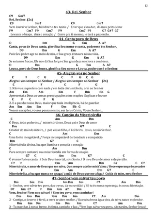 12
43- Rei, Senhor
C9 Gm7
Rei, Senhor. (2x)
C9 Gm7 C9 Gm7
Vem louvar o Senhor, bendizer o teu nome / E ver que essa dor, do meu peito some
F9 Gm7 F9 Gm7 F9 Gm7 F9 G7 G#7 G7
Levante o braço, abra o coração / Corre pra ti mesmo, e terá a paz então.
44- Canta povo de Deus
D Bm G Em A A7
Canta, povo de Deus canta, glorifica Seu nome e canta, poderoso é o Senhor.
D9 Bm G Em A A7
Pois Seu poder age no meio de nós, e Sua graça restaura nossa vida,
D9 Bm G Em A A7
Se estamos fracos, Ele nos dá Sua força e Sua grandeza nos leva a conhecer.
D Bm G Em A A7
Louva, povo de Deus louva, glorifica Seu nome e Louva, poderoso é o Senhor.
45- Alegrai-vos no Senhor
C F C G C F G C G
Alegrai-vos sempre no Senhor / Alegrai-vos sempre no Senhor (2x)
C F C F G
1. Não vos inquieteis com nada / em toda circunstância, orai ao Senhor
Am Em Am Em F Dm Bb G
Apresentai a Deus as vossas preocupações com orações Suplicas e louvor
C F C F G
2. E a paz do nosso Deus, maior que toda inteligência, há de guardar
Am Em Am Em F Dm Bb G
Vossos corações, vossos pensamentos, em Jesus Cristo, Nosso Senhor...
46- Canção da Misericórdia
C Am Dm
Ó Deus, todo poderoso,/ misericordioso, Deus pai e Deus de amor
Dm G7 C
Criador do mundo inteiro, / por vosso filho, o Cordeiro, Jesus, nosso Senhor.
C Am Dm
Uma fonte inesgotável, / Força incomparável de bondade e compaixão
Dm G7 C
Misericórdia divina, luz que ilumina e consola o coração
C Am Dm
Para sempre cantarei, sua misericórdia em forma de oração
G7 C Am Dm G7 C
Ó eterno Pai eu canto, / Sois Deus imortal, sois Santo / Ó meu Deus de amor e de perdão.
C7 F Em Am Dm G7 C C7
Misericórdia, o amor de Deus que me salva, Que sempre acolhe minh'alma / Doce esperança do pecador
F Em Am Dm G7 C
Misericórdia, a luz que nunca se apaga/ a mão de Deus que me afaga/ Cuida de mim, meu Senhor
47- Senhor vem salvar teu povo
Dm Gm Dm Gm Dm Gm C7 Am Dm
1 - Senhor, vem salvar teu povo, das trevas, da escravidão! / Só tu és nossa esperança, és nossa libertação.
D7 Gm C7 F Dm Gm A7 Dm
Vem, Senhor! Vem nos salvar! / Com teu povo, vem caminhar!
Dm Gm Dm Gm Dm Gm C7 Am Dm
2 - Contigo, o deserto é fértil, a terra se abre em flor. / Da rocha brota água viva, da terra nasce esplendor.
Dm Gm Dm Gm Dm Gm C7 Am Dm
3 - Tu marchas à nossa frente, és força, caminho e luz; / Vem logo salvar teu povo, não tardes, Senhor Jesus!
 