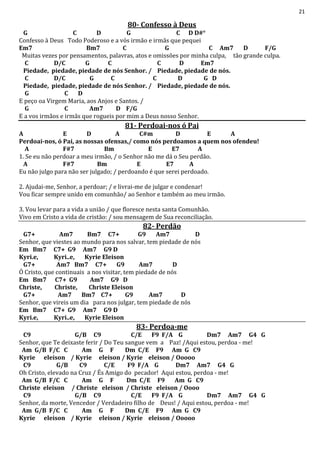 21
80- Confesso à Deus
G C D G C D D#°
Confesso à Deus Todo Poderoso e a vós irmão e irmãs que pequei
Em7 Bm7 C G C Am7 D F/G
Muitas vezes por pensamentos, palavras, atos e omissões por minha culpa, tão grande culpa.
C D/C G C C D Em7
Piedade, piedade, piedade de nós Senhor. / Piedade, piedade de nós.
C D/C G C C D G D
Piedade, piedade, piedade de nós Senhor. / Piedade, piedade de nós.
G C D
E peço oa Virgem Maria, aos Anjos e Santos. /
G C Am7 D F/G
E a vos irmãos e irmãs que rogueis por mim a Deus nosso Senhor.
81- Perdoai-nos ó Pai
A E D A C#m D E A
Perdoai-nos, ó Pai, as nossas ofensas,/ como nós perdoamos a quem nos ofendeu!
A F#7 Bm E E7 A
1. Se eu não perdoar a meu irmão, / o Senhor não me dá o Seu perdão.
A F#7 Bm E E7 A
Eu não julgo para não ser julgado; / perdoando é que serei perdoado.
2. Ajudai-me, Senhor, a perdoar; / e livrai-me de julgar e condenar!
Vou ficar sempre unido em comunhão/ ao Senhor e também ao meu irmão.
3. Vou levar para a vida a união / que floresce nesta santa Comunhão.
Vivo em Cristo a vida de cristão: / sou mensagem de Sua reconciliação.
82- Perdão
G7+ Am7 Bm7 C7+ G9 Am7 D
Senhor, que viestes ao mundo para nos salvar, tem piedade de nós
Em Bm7 C7+ G9 Am7 G9 D
Kyri.e, Kyri..e, Kyrie Eleison
G7+ Am7 Bm7 C7+ G9 Am7 D
Ó Cristo, que continuais a nos visitar, tem piedade de nós
Em Bm7 C7+ G9 Am7 G9 D
Christe, Christe, Christe Eleison
G7+ Am7 Bm7 C7+ G9 Am7 D
Senhor, que vireis um dia para nos julgar, tem piedade de nós
Em Bm7 C7+ G9 Am7 G9 D
Kyri.e, Kyri..e, Kyrie Eleison
83- Perdoa-me
C9 G/B C9 C/E F9 F/A G Dm7 Am7 G4 G
Senhor, que Te deixaste ferir / Do Teu sangue vem a Paz! /Aqui estou, perdoa - me!
Am G/B F/C C Am G F Dm C/E F9 Am G C9
Kyrie eleison / Kyrie eleison / Kyrie eleison / Ooooo
C9 G/B C9 C/E F9 F/A G Dm7 Am7 G4 G
Oh Cristo, elevado na Cruz / És Amigo do pecador! Aqui estou, perdoa - me!
Am G/B F/C C Am G F Dm C/E F9 Am G C9
Christe eleison / Christe eleison / Christe eleison / Oooo
C9 G/B C9 C/E F9 F/A G Dm7 Am7 G4 G
Senhor, da morte, Vencedor / Verdadeiro filho de Deus! / Aqui estou, perdoa - me!
Am G/B F/C C Am G F Dm C/E F9 Am G C9
Kyrie eleison / Kyrie eleison / Kyrie eleison / Ooooo
 