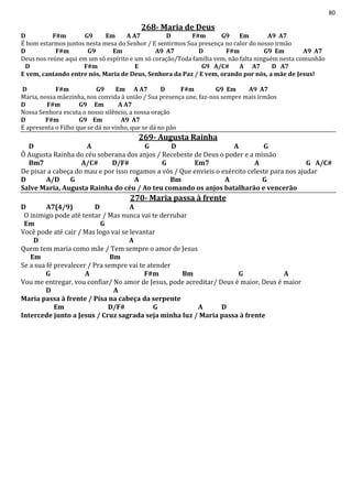 80
268- Maria de Deus
D F#m G9 Em A A7 D F#m G9 Em A9 A7
É bom estarmos juntos nesta mesa do Senhor / E sentirmos Sua presença no calor do nosso irmão
D F#m G9 Em A9 A7 D F#m G9 Em A9 A7
Deus nos reúne aqui em um só espírito e um só coração/Toda família vem, não falta ninguém nesta comunhão
D F#m E G9 A/C# A A7 D A7
E vem, cantando entre nós, Maria de Deus, Senhora da Paz / E vem, orando por nós, a mãe de Jesus!
D F#m G9 Em A A7 D F#m G9 Em A9 A7
Maria, nossa mãezinha, nos convida à união / Sua presença une, faz-nos sempre mais irmãos
D F#m G9 Em A A7
Nossa Senhora escuta o nosso silêncio, a nossa oração
D F#m G9 Em A9 A7
E apresenta o Filho que se dá no vinho, que se dá no pão
269- Augusta Rainha
D A G D A G
Ô Augusta Rainha do céu soberana dos anjos / Recebeste de Deus o poder e a missão
Bm7 A/C# D/F# G Em7 A G A/C#
De pisar a cabeça do mau e por isso rogamos a vós / Que envieis o exército celeste para nos ajudar
D A/D G A Bm A G
Salve Maria, Augusta Rainha do céu / Ao teu comando os anjos batalharão e vencerão
270- Maria passa à frente
D A7(4/9) D A
O inimigo pode até tentar / Mas nunca vai te derrubar
Em G
Você pode até cair / Mas logo vai se levantar
D A
Quem tem maria como mãe / Tem sempre o amor de Jesus
Em Bm
Se a sua fé prevalecer / Pra sempre vai te atender
G A F#m Bm G A
Vou me entregar, vou confiar/ No amor de Jesus, pode acreditar/ Deus é maior, Deus é maior
D A
Maria passa à frente / Pisa na cabeça da serpente
Em D/F# G A D
Intercede junto a Jesus / Cruz sagrada seja minha luz / Maria passa à frente
 