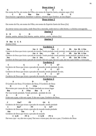 96
Deus trino 1
G C G D G
Em nome do Pai, em nome do Filho, em nome do Espirito Santo, estamos aqui. (2x)
C D Bm Em Am D G
Para louvar e agradecer, bendizer e adorar, estamos aqui Senhor, ao seu dispor
Deus trino 2
Em nome do Pai, em nome do Filho, em nome do Espirito Santo de Deus (2x)
Ao entrar nessa casa santa, onde Deus fez a morada, onde mora o cálix bento, e a hóstia consagrada.
Amém 1
G D G D G
Amém, amém, aleluia (2x) Amém, amém, aleluia, amém, aleluia (2x)
Amém 2
D Bm A G A
Amém (10x)
Cordeiro 1
Dm Gm A Dm Gm C F Bb Gm Bb A Dm
Cordeiro de Deus que tirais o pecado do mundo. Tende piedade, tende piedade, tende piedade, piedade de nós.
Dm Gm A Dm Gm C F Bb Gm Bb A Dm
Cordeiro de Deus que tirais o pecado do mundo. Tende piedade, tende piedade, tende piedade, piedade de nós.
Dm Gm A Dm Gm C F Bb Gm Bb A Dm
Cordeiro de Deus que tirais o pecado do mundo. Daí-nos a paz, daí-nos a paz, daí-nos a paz Senhor, a nossa paz.
Cordeiro 2
C G C F C G7
Cordeiro de Deus que tirais o pecado do mundo, tende piedade de nós.
C G C F C G7
Cordeiro de Deus que tirais o pecado do mundo, tende piedade de nós.
C G C F C G7
Cordeiro de Deus que tirais o pecado do mundo, daí-nos a paz.
Cordeiro 3
A D A
Ó Cordeiro de Deus. Ó Cordeiro de Deus. Ó Cordeiro de Deus
D E C#m F#m
Morrestes por causa de nós. Fostes imolado no nosso lugar
Bm A F#m Bm E A
Por isso tende piedade, Tende piedade, piedade de nós
A E A E A
E dai-nos a paz, e dai-nos a paz. E dai-nos a paz, Cordeiro de Deus.
C Em7 F9 G4 G
Cordeiro de Deus que tirais o pecado do mundo, tende piedade
C Em7 F9 G G#º
Cordeiro de Deus que tirais o pecado do mundo tende piedade
Am Em F G
Cordeiro de Deus que tirais o pecado do mundo
C G/B F9 G C G/B F9 G C
Dai-nos a pa---az, dai-nos a paz/ Dai-nos a vossa paz, dai-nos a paz / Cordeiro de Deus
 