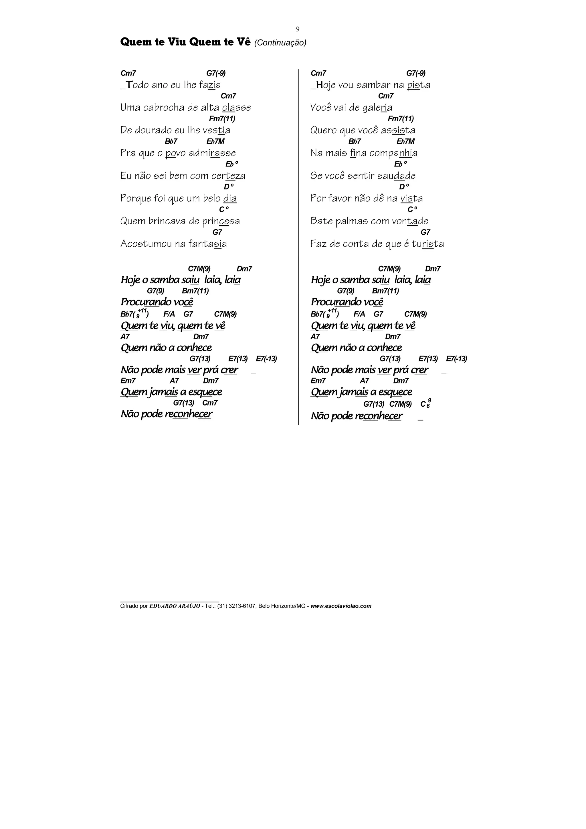 9

Quem te Viu Quem te Vê (Continuação)

Cm7                            G7(-9)                               Cm7                                  G7(-9)
_Todo ano eu lhe fazia                                              _Hoje vou sambar na pista
                                     Cm7                                                       Cm7
Uma cabrocha de alta classe                                         Você vai de galeria
                                  Fm7(11)                                                          Fm7(11)
De dourado eu lhe vestia                                            Quero que você assista
                 Bb7           Eb7M                                               Bb7                Eb7M
Pra que o povo admirasse                                            Na mais fina companhia
                                       Eb º                                                          Eb º
Eu não sei bem com certeza                                          Se você sentir saudade
                                       Dº                                                             Dº
Porque foi que um belo dia                                          Por favor não dê na vista
                                    Cº                                                                      Cº
Quem brincava de princesa                                           Bate palmas com vontade
                                  G7                                                                             G7
Acostumou na fantasia                                               Faz de conta de que é turista

                        C7M(9)              Dm7                                                C7M(9)                Dm7
             saiu       laia
Hoje o samba saiu laia, laia                                                     saiu       laia
                                                                    Hoje o samba saiu laia, laia
         G7(9)         Bm7(11)                                                G7(9)           Bm7(11)
Procurando você
Procurando você
     ran                                                            Procurando você
                                                                    Procurando você
                                                                         ran
     +11                                                                   +11
Bb7( 9 )       F/A     G7          C7M(9)                           Bb7( 9 )        F/A       G7         C7M(9)
Quem viu, quem
Quem te viu, quem te vê                                             Quem viu, quem
                                                                    Quem te viu, quem te vê
A7                          Dm7                                     A7                             Dm7
Quem
Quem não a conhece
           conhe
              hece                                                  Quem
                                                                    Quem não a conhece
                                                                               conhe
                                                                                  hece
                        G7(13)          E7(13)    E7(-13)                                      G7(13)            E7(13)    E7(-13)
Não pode mais ver prá crer
                      crer                       _                  Não pode mais ver prá crer
                                                                                          crer                             _
Em7               A7         Dm7                                    Em7               A7            Dm7
Quem jamais esque
Quem jamais a esquece
                 uece                                               Quem jamais esque
                                                                    Quem jamais a esquece
                                                                                     uece
                   G7(13) Cm7                                                                                        9
                                                                                        G7(13) C7M(9)            C6
         reconhecer
           conhe
Não pode reconhecer                                                          reconhecer
                                                                               conhe
                                                                    Não pode reconhecer                          _




________________________________
Cifrado por EDUARDO ARAÚJO - Tel.: (31) 3213-6107, Belo Horizonte/MG - www.escolaviolao.com
 