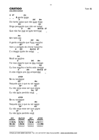 18

CASTIGO                                                                                       Tom: G
DOLORES DURAN

G E7                    Am
_   _ A gente briga
               D                      D/C            Bm
Diz tanta coisa que não quer dizer
           Em                                     Am
Briga pensando que não vai sofrer
                    D         D/C                Bm7(-5) E7
Que não faz mal se tudo terminar                          _

           Am
Um belo dia
                D                   D/C      Bm
A gente entende que ficou sozinho
               A# º                         Am
Vem a vontade de chorar baixinho
       D        D/C                Bm7(-5) E7
E o desejo triste de voltar                      _

           Am
Você se lembra
           D                        D/C          Bm
Foi isso mesmo que se deu comigo
               Em                                    Am
Eu tive orgulho e tenho este castigo
           D                 D/C                 Bm7(-5) E7
A vida inteira pra me arrepender                          _

           A7/C#
Se eu soubesse
           D/C                            Bm
Naquele dia o que eu sei agora
               A# º                       Am
Eu não seria esse ser que chora
         D7                         Dm      G7
Eu não teria perdido você                   _

           A7/C#
Se eu soubesse
           D/C                            Bm
Naquele dia o que eu sei agora
               A# º                       Am
Eu não seria esse ser que chora
         D7                         G
Eu não teria perdido você



                                            IV




________________________________
Cifrado por EDUARDO ARAÚJO - Tel.: (31) 3213-6107, Belo Horizonte/MG - www.escolaviolao.com
 