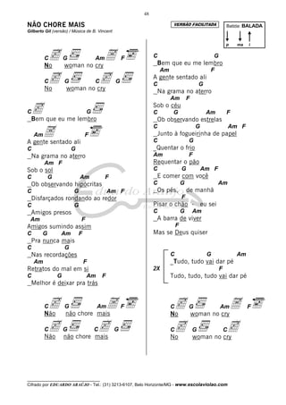 48

NÃO CHORE MAIS                                                        VERSÃO FACILITADA                  Batida: BALADA
Gilberto Gil (versão) / Música de B. Vincent


                                                                                                         p     ma   i


         Cc
         No
                    G
                    woman no cry
                                 A  Am             F        C
                                                             Bem que eu me lembro
                                                                                                 G

                                                                Am                            F
         Cc
         No
                    G         c
                    woman no cry
                                    C          G
                                                            A gente sentado ali
                                                            C                            G
                                                             Na grama no aterro
                                                                     Am          F

C c que eu me lembro
  Bem
                                G
                                                            Sob o céu
                                                            C         G                      Am          F
                                                             Ob observando estrelas

     A ali
                                                            C                         G                      Am F
    Am                          F                            Junto à fogueirinha de papel
A gente sentado                                             C                    G
C                       G                                   _Quentar o frio
  Na grama no aterro                                        Am                   F
         Am F                                               Requentar o pão
Sob o sol                                                   C                G            Am F
C           G               Am           F                   E comer com você
  Ob observando hipócritas                                  C                G                     Am
C                       G                   Am F             Os pés,             de manhã
  Disfarçados rondando ao redor                                              F
C                       G                                   Pisar o chão -                eu sei
  Amigos presos                                             C                G       Am
 Am                         F                                A barra de viver
Amigos sumindo assim                                                     F
C       G        Am         F                               Mas se Deus quiser
  Pra nunca mais
C                   G
  Nas recordações                                                    C                       G                 Am
    Am                          F                                    _Tudo, tudo vai dar pé
Retratos do mal em si                                       2X                                       F
C               G               Am      F                            Tudo, tudo, tudo vai dar pé
  Melhor é deixar pra trás


         C
         Não
            c       G
                    não chore mais
                                     Am     A      F                 Cc
                                                                     No
                                                                                 G
                                                                                     woman no cry
                                                                                                 A   Am             F


         C
         Não
            c não chore mais
                    G    c          C          G                     Cc
                                                                     No
                                                                                     G         c
                                                                                     woman no cry
                                                                                                         C




__________________________________
Cifrado por EDUARDO ARAÚJO - Tel.: (31) 3213-6107, Belo Horizonte/MG - www.escolaviolao.com
 