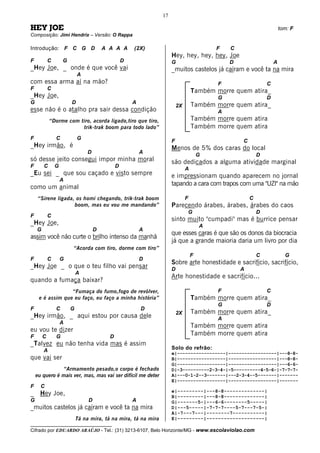 17

HEY JOE                                                                                                                tom: F
Composição: Jimi Hendrix – Versão: O Rappa

Introdução: F C G D                      A A A A       (2X)                                F   C
                                                                      Hey, hey, hey, hey, Joe
F           C       G                              D                  G                        D                   A
_Hey Joe, _ onde é que você vai                                       _muitos castelos já caíram e você ta na mira
                            A
com essa arma aí na mão?                                                                   F                   C
F           C                                                                      Também morre quem atira_
_Hey Joe,                                                                                  G                   D
G                       D                              A
                                                                          2X       Também morre quem atira_
esse não é o atalho pra sair dessa condição                                                A
            “Dorme com tiro, acorda ligado,tiro que tiro,                          Também morre quem atira
                        trik-trak boom para todo lado”                             Também morre quem atira
F               C           G
                                                                      F                            C
_Hey irmão, é                                                         Menos de 5% dos caras do local
                                D                          A
                                                                                       G                   D
só desse jeito consegui impor minha moral                             são dedicados a alguma atividade marginal
F       C       G                              D
                                                                               A
_Eu sei _ que sou caçado e visto sempre                               e impressionam quando aparecem no jornal
                    A
                                                                      tapando a cara com trapos com uma "UZI" na mão
como um animal
    “Sirene ligada, os homi chegando, trik-trak boom                           F                       C
                   boom, mas eu vou me mandando”                      Parecendo árabes, árabes, árabes do caos
                                                                                   G                       D
F           C
                                                                      sinto muito "cumpadi" mas é burrice pensar
_Hey Joe,                                                                              A
    G                                D                     A
                                                                      que esses caras é que são os donos da biocracia
assim você não curte o brilho intenso da manhã
                                                                      já que a grande maioria daria um livro por dia
                        “Acorda com tiro, dorme com tiro”
                                                                                   F                       C             G
F           C       G                                      D
                                                                      Sobre arte honestidade e sacrifício, sacrifício,
_Hey Joe _ o que o teu filho vai pensar                               D                            A
                            A
                                                                      Arte honestidade e sacrifício...
quando a fumaça baixar?
                  “Fumaça do fumo,fogo de revólver,                                        F                   C
     e é assim que eu faço, eu faço a minha história”                              Também morre quem atira_
                                                                                           G                   D
F               C       G                                  D
                                                                          2X       Também morre quem atira_
_Hey irmão, _ aqui estou por causa dele                                                    A
                    A
                                                                                   Também morre quem atira
eu vou te dizer
F       C       G                          D
                                                                                   Também morre quem atira
_Talvez eu não tenha vida mas é assim
        A                                                             Solo do refrão:
                                                                      e|------------------|------------------|---8-8-
que vai ser                                                           B|------------------|------------------|---8-8-
                                                                      G|------------------|------------------|---6-6-
               “Armamento pesado,o corpo é fechado                    D|-3----------2-3-4-|-5----------4-5-6-|-7-7-7-
    eu quero é mais ver, mas, mas vai ser difícil me deter            A|---0-1-2--3-------|---2-3-4--5-------|-------
                                                                      E|------------------|------------------|-------
F     C
                                                                      e|---------|---8-8--------------|
_     Hey Joe,                                                        B|---------|---8-8--------------|
G                                D                     A              G|-------5-|---6-6--------5-----|
_muitos castelos já caíram e você ta na mira                          D|---5-----|-7-7-7----5-7---7-5-|
                                                                      A|-7---7---|--------7-----------|
                            Tá na mira, tá na mira, tá na mira        E|---------|--------------------|
__________________________________
Cifrado por EDUARDO ARAÚJO - Tel.: (31) 3213-6107, Belo Horizonte/MG - www.escolaviolao.com
 
