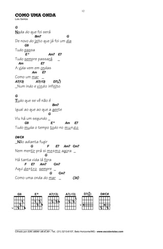 12
COMO UMA ONDA
Lulu Santos


G
Nada do que foi será
                  Bm7                          G
De novo do jeito que já foi um dia
         G9
Tudo passa
         Eº                    Am7 E7
Tudo sempre passará                     _
    Am                E7
A vida vem em ondas
              Am        E7
Como um mar _
A7(13)             A7(-13)           D7(49)
_Num indo e vindo infinito

G
Tudo que se vê não é
                                     Bm7
Igual ao que ao que a gente
                               G
Viu há um segundo _
         G9                      Eº           Am    E7
Tudo muda o tempo todo no m u n d o

D#/C#
_Não adianta fugir
              G              F        E7      Am7 Cm7
Nem mentir prá si mesmo agora _
                           G
Há tanta vida lá fora
         F    E7      Am7            Cm7
Aqui dentro sempre _
                                 G       Cm7
Como uma onda do mar _                             (3X)




________________________________
Cifrado por EDUARDO ARAÚJO - Tel.: (31) 3213-6107, Belo Horizonte/MG - www.escolaviolao.com
 