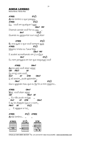 29

AINDA LEMBRO
Marisa Monte / Nando Reis


A7M(9)                               E7(49)
Ainda lembro o que passou
A7M(9)                                   E7(49)
Eu, você em qualquer lugar
                                             C#m7 F#7
Dizendo aonde você for eu vou                          _
                 Bm7                          E7(49)
Quando eu perguntei ouvi você dizer
                                                           9
          A7M(9)                                  E7(4 )
Eu era tudo o que você sempre quis
                                              9
A7M(9)                                   E7(4 )
Mesmo triste eu ’tava feliz
                                         C#m7 F#7
E acabei acreditando em i l u s õ e s
                 Bm7                                       E7(49)
Eu nem pensava em ter que esquecer você

          A7M(9)                   G#m7
Agora vem você dizer amor
C#7       F#m7              B7
Eu errei com você_
Em7              A7         D7M              C#m7
E só assim_ pude entender_
                                                                         9
          F#m7                            B7                        E7(4 )
Que o grande mau que eu fiz foi a mim mesmo...

A7M(9)                  G#m7
Vem você dizer amor
C#7                         F#m7 B7
_ Eu não pude evitar                     _
    Em7          A7    D7M                     C#m7
E eu te dizendo l i g u e o som_
                                 9
F#m7       B7               E7(4 )
_     E apague a luz_
                             9
A7M(9)                 E7(4 )        A7M(9)
Ainda lembro... _                    _




________________________________
Cifrado por EDUARDO ARAÚJO - Tel.: (31) 3213-6107, Belo Horizonte/MG - www.escolaviolao.com
 