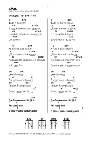 6
FÁCIL
Rogério Flausino / Wilson Sideral (JOTA QUEST)


Introdução:         ( G D/F# F C )

G                    D/F#                                    G                       D/F#
Tudo é tão bom                                               Tudo se torna claro
     C9                             G7M/B                    C9                          G7M/B
E azul e calmo como sempre                                   _Pateticamente pálido
     C9                                   G7M/B                      C9             G7M/B
Os olhos piscaram de repente                                 E o coração dispara
      Am7                                                                                Am7
Um sonho                                                     Se eu vejo o teu carro

     G                       D/F#                                G                D/F#
As coisas são assim                                          A vida é tão simples
C9                            G7M/B                          C9                               G7M/B
_Quando se está amando                                       _Mas dá medo de tocar
     C9                                      G7M/B                   C9                           G7M/B
As bocas não se deixam e o segundo                           As mãos se procuram sós
         Am7                                                                        Am7
Não tem fim                                                  Como a gente mesmo quis

Em                  Bm7                                      Em               Bm7
_Um dia feliz                                                _Um dia feliz
     C                             G                              C                           G
Às vezes é muito raro                                        Às vezes é muito raro
Em                        Bm7                                Em                      Bm7
_Falar é complicado                                          _Falar é complicado
                                    D7(49)
                                                                                                     9
                C                                                             C                D7(4 )
Quero uma canção _                                           Quero uma canção _

G                                  D/F#                      G                                D/F#
Fácil
Fácil extremamente fácil
                   fácil                                     Fácil
                                                             Fácil extremamente fácil
                                                                                fácil
          F                                                               F
    você
      cê,
Prá você, e eu                                                   você
                                                                   cê,
                                                             Prá você, e eu
            C                                                             C                              G
       mundo
E todo mundo cantar junto                                    E todo mundo cantar junto _
                                                                    mundo




________________________________
Cifrado por EDUARDO ARAÚJO - Tel.: (31) 3213-6107, Belo Horizonte/MG - www.escolaviolao.com
 