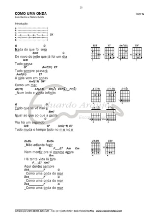 25

COMO UMA ONDA                                                                                 tom: G
Lulu Santos e Nelson Motta

Introdução:
e|-----------------------|
B|-----------------------|
G|-----------------------|
D|--9-----9---8--7---5---|            3X
A|--10----10--9--8---6---|
E|-----------------------|

G                           G
Nada do que foi será
                 Bm7                               G
De novo do jeito que já foi um dia
       G/B
Tudo passa
         Gº                 Am7(11) E7
Tudo sempre passará
 Am7(11)               E7
A vida vem em ondas
               Am7(11) G#º
Como um mar
                                           9        9        9
A7(13)            A7(-13)           D7(4 ) Eb7(4 )__F7(4 )
_Num indo e vindo infinito

                                                                                       V

G                               G
Tudo que se vê não é
                                    Bm7
Igual ao que ao que a gente
                             G                                         VI   VIII
Viu há um segundo
         G/B                     Gº            Am7(11) E7
Tudo muda o tempo todo no m u n d o


         Eb/Db                   Eb/Db
         _Não adianta fugir
                       G                   F___E7       Am   Cm
         Nem mentir pra si mesmo agora
                                    Bm
         Há tanta vida lá fora
                 F___E7 Am7
         Aqui dentro sempre
         Eb9__________F                        G
         _Como uma onda do mar
         Eb9__________F                        G
         _Como uma onda do mar
         Eb9__________F                        G
         _Como uma onda do mar




________________________________
Cifrado por EDUARDO ARAÚJO - Tel.: (31) 3213-6107, Belo Horizonte/MG - www.escolaviolao.com
 