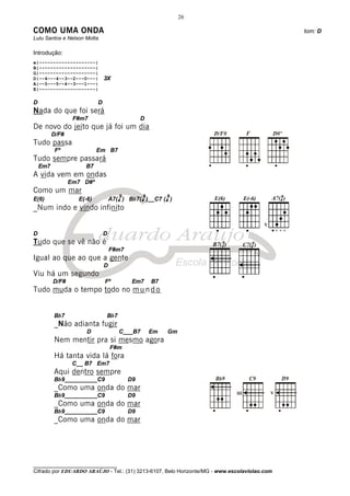26

COMO UMA ONDA                                                                                 tom: D
Lulu Santos e Nelson Motta

Introdução:
e|--------------------|
B|--------------------|
G|--------------------|
D|--4---4--3--2---0---|        3X
A|--5---5--4--3---1---|
E|--------------------|

D                          D
Nada do que foi será
                  F#m7                         D
De novo do jeito que já foi um dia
          D/F#
Tudo passa
           Fº              Em B7
Tudo sempre passará
    Em7              B7
A vida vem em ondas
                 Em7 D#º
Como um mar
                                      9        9        9
E(6)               E(-6)           A7(4 ) Bb7(4 )__C7 (4 )
_Num indo e vindo infinito


D                              D
Tudo que se vê não é
                                   F#m7
Igual ao que ao que a gente
                               D
Viu há um segundo
          D/F#                 Fº          Em7     B7
Tudo muda o tempo todo no m u n d o


          Bb7                  Bb7
          _Não adianta fugir
                      D               C___B7       Em   Gm
          Nem mentir pra si mesmo agora
                                   F#m
          Há tanta vida lá fora
                  C__ B7 Em7
          Aqui dentro sempre
          Bb9__________C9                 D9
          _Como uma onda do mar
          Bb9__________C9                 D9
          _Como uma onda do mar
          Bb9__________C9                 D9
          _Como uma onda do mar




________________________________
Cifrado por EDUARDO ARAÚJO - Tel.: (31) 3213-6107, Belo Horizonte/MG - www.escolaviolao.com
 