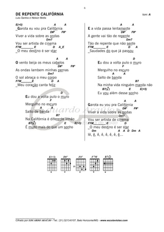 6

DE REPENTE CALIFÓRNIA                                                                                                      tom: A
Lulu Santos e Nelson Motta

E(+5)                              A             A                                             A                A
_Garota eu vou pra Califórnia                                       E a vida passa lentamente
                              D#º           F#º                                                D#º              F#º
Viver a vida sobre as ondas                                         A gente vai tão de repente
                             Dm7                                                                           Dm7
Vou ser artista de cinema                                           Tão de repente que não sente
F7M________ E                      D       A_E                      F7M________ E                           D        A
_O meu destino é ser star                                           _Saudades do que já passou

                                       A          A                                                              D
O vento beija os meus cabelos                                              Eu dou a volta pulo o muro
                                       D#º            F#º                                          F
As ondas lambem minhas pernas                                              Mergulho no escuro
                             Dm7                                                       A           A
O sol abraça o meu corpo                                                   Salto de banda
F7M_______E                    D       A                                                                             B7
_Meu coração canta feliz                                                   Na minha vida ninguém manda não
                                                                                  9
                                                                              B7(4 )                        E             E(+5)
                                            D                              Eu vou além desse sonho
        Eu dou a volta pulo o muro
                              F                                                                        A            A
        Mergulho no escuro                                          Garota eu vou pra Califórnia
                    A          A                                                                   D#º           F#º
        Salto de banda                                              Viver a vida sobre as ondas
                                       B7                                                  Dm7
        Na Califórnia é diferente irmão                             Vou ser artista de cinema
               9
          B7(4 )                                 E      E(+5)       F7M________ E                      D
        É muito mais do que um sonho                                _O meu destino é ser star
                                                                      Dm                   A       A D Dm A
                                                                    Iê, ê, ê, ê, ê, ê, ê, ê...




________________________________
Cifrado por EDUARDO ARAÚJO - Tel.: (31) 3213-6107, Belo Horizonte/MG - www.escolaviolao.com
 