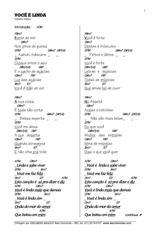 2 
ADNIL É ÊCOV                                 
Caetano Veloso 


Introdução:                 A7M 

F#m7                                                                    F#m7 
F onte de mel                                                           V   ocê é forte
       C#m7                                                             C#m7
Nos olhos de gueixa                                                     Dentes e músculos
D7M                                              G#m7   C#7(­9)         D7M                                          G#m7  C#7(­9)
_ Kabuki, máscara _                                  _                  _ Peitos e lábios _                                 _
D7M                                                                     D7M
Choque entre o azul                                                     Você é forte
      D#m7(­5)              G#7                                         D#m7(­5)                G#7
E o cacho de acácias                                                    Letras e músicas
C#m7               F#7                                                  C#m7                F#7
Luz das acácias                                                         Todas as músicas
Bm7           E7                                                        Bm7                    E7
Você é mãe do sol                                                       Que ainda hei de ouvir

F#m7                                                                    F#m7 
A   sua coisa                                                           N   o Abaeté
    C#m7                                                                  C#m7
É toda tão certa                                                        Areias e estrelas
D7M                                            G#m7   C#7(­9)           D7M                                                      G#m7   C#7(­9)
_ Beleza esperta _                                   _                  _       Não são mais belas_                                   _
D7M                                                                     D7M
Você me deixa                                                           Do que você
  D#m7(­5)       G#7                                                         D#m7(­5)                      G#7
A rua deserta                                                           Mulher das estrelas
C#m7                       F#7                                          C#m7                   F#7
Quando atravessa                                                        Mina de estrelas
Bm7                      E7                                             Bm7                      E7
E não olha prá trás                                                     Diga o que você quer

A7M                C#m7                                                 A7M                                  C#m7
_   reviv ebas e adniL                                                  _   reviv ebas e adnil é êcoV                            
D7M                                  Bm7                                D7M                                Bm7
_   zilef zaf em êcoV                                                   _   zilef zaf em êcoV                  
Dm7                             G7                               A7M    Dm7                               G7                               A7M 
zid e rezid arp ós é oãçnac atsE                                        zid e rezid arp ós é oãçnac atsE                                    
A7M                          C#m7                                       A7M                          C#m7 
siamed euq siam adnil é êcoV                                            siamed euq siam adnil é êcoV                                   
D7M                                        Bm7                          D7M                                       Bm7
_   mis adnil é êcoV                 _                                  _   mis adnil é êcoV                   _
Dm7                                         G7                          Dm7                                           G7 
roma od ram od adnO                                                     roma od ram od adnO                              
                                A7M                                                                      A7M 
mim me uetab euQ                                                        mim me uetab euQ                                        aunitnoc          Ú
___________________________________________________________________________________________________________ 
Cifragem por EDUARDO ARAÚJ O. Belo Horizonte – MG, tel. (31) 3213­6107  www.escolaviolao.com  
 