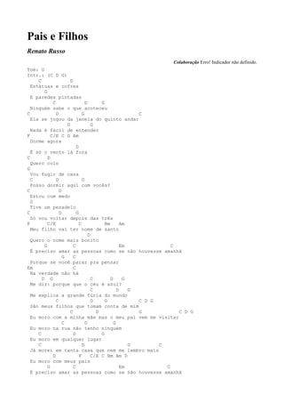 Pais e Filhos
Renato Russo
                                                                 Colaboração Erro! Indicador não definido.
Tom: G
Intr.: (C D G)
     C                 D
  Estátuas e cofres
        G
  E paredes pintadas
             C                   D       G
  Ninguém sabe o que acoteceu
C              D               G                         C
  Ela se jogou da janela do quinto andar
                     D               G
  Nada é fácil de entender
F           C/E C D Am
  Dorme agora
                           D
  É só o vento lá fora
C         D
  Quero colo
G
  Vou fugir de casa
  C            D               G
  Posso dormir aqui com vocês?
C                D
  Estou com medo
  G
  Tive um pesadelo
C                D         G
  Só vou voltar depois das três
F         C/E                C             Bm       Am
  Meu filho vai ter nome de santo
                                   D
  Quero o nome mais bonito
        G                C                          Em             C
  É preciso amar as pessoas como se não houvesse amanhã
                   G     C
  Porque se você parar pra pensar
Em                       C
  Na verdade não há
       D G                           C        D      G
  Me diz: porque que o céu é azul?
                                     C            D    G
  Me explica a grande fúria do mundo
               C                     D     G             C D G
  São meus filhos que tomam conta de mim
                       C               D                 G           C D G
  Eu moro com a minha mãe mas o meu pai vem me visitar
                   C             D              G
  Eu moro na rua não tenho ninguém
     C                   D               G
  Eu moro em qualquer lugar
     C                         D                       G       C
  Já morei em tanta casa que nem me lembro mais
             D               F       C/E C Bm Am D
  Eu moro com meus pais
          G              C                          Em           C
  É preciso amar as pessoas como se não houvesse amanhã
 
