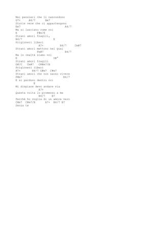 Nei pensieri che li nascondono
G7+      A4/7       Bm7
Storie vere che ci appartengono
Em7                             A4/7
Ma si lasciano come noi
E             F#m/E
Strani amori fragili,
B4/7                     E
Prigioneri liberi
               A7+           B4/7      Cm#7
Strani amori mettono nei guai
              Fm#7              B4/7
Ma in realtà siamo noi
E                        D#°
Strani amori fragili
G#/C   Cm#7    C##m7/B
Prigioneri liberi
A7+        B4/7 G#m7 C#m7
Strani amori che non sanno vivere
F#m7                           B4/7
E si perdono dentro noi
            E
Mi dispiace devo andare via
               A7+
Questa volta lo promesso a me
               B4/7     B7
Perché ho voglia di un amore vero
C#m7 C#m7/B         A7+ B4/7 B7
Senza te
 