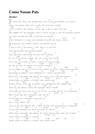 Como Nossos Pais
Belchior
Bm7                                                          E7
Não quero lhe falar meu grande amor das coisas que aprendi nos discos
A7                                                                    D
Quero lhe contar como vivi e tudo que aconteceu comigo
   Bm7                                     E7
Viver é melhor que sonhar, eu sei que o amor é uma coisa boa
A7                                                                                         D
Mas também sei que qualquer canto é menor do que a vida de qualquer pessoa
                                A7                                G
Por isso cuidado meu bem, há perigo na esquina
A7                                                              D                  A4/7         A7
Eles venceram e o sinal está fechado prá nós que somos jovens
D                             D7                           G
Para abraçar seu irmão e beijar sua menina na rua
A7                                                                  D
É que se fez o seu braço, o seu lábio e a sua voz
                   G               C7              D
Você me pergunta pela minha paixão
       B7                     Em                       A7                 D
Digo que estou encantada com uma nova invenção
            F#m                 G                         C7                 D
Eu vou ficar nesta cidade, não vou voltar pro sertão
                B7              Em                        A7                 D
Pois vejo vir vindo no vento o cheiro da nova estação
              F#m             G                E/G#           A4/7           A7
Eu sei de tudo na ferida viva do meu coração
            D                F#m               G                        D             F#m          D
Já faz tempo que eu vi você na rua, cabelo ao vento, gente jovem reunida
        D                F#m                       G            E/G#             A4/7        A7
Na parede da memória essa lembrança é o quadro que dói mais
            D                                G                               D                     G
Minha dor é perceber que apesar de termos feito tudo que fizemos
            D            F#m                 G          E/G#                A4/7      A7
Ainda somos os mesmos e vivemos como nossos pais
            D        F#m                   G                          D                F#m       G
Nossos ídolos ainda são os mesmos e as aparências não enganam não
        D                    F#m       G             E/G#     A7
Você diz que depois deles não apareceu mais ninguém
          D                                        G                                       D           G
Você pode até dizer que eu 'tô por fora, ou então que eu 'tô inventando
                D                     F#m                     G         E/G#     A
Mas é você que ama o passado e que não vê
        D                     F#m                       G
É você que ama o passado e que não vê
        E/G#                 A7
Que o novo sempre vem
              D                                  G                                 D             F#m       G
Hoje eu sei que quem me deu a idéia de uma nova consciência e juventude
            D            F#m             G            E/G#                A4/7     A7
Tá em casa guardado por Deus contando vil metal
            D                                G                               D                       G
Minha dor é perceber que apesar de termos feito tudo, tudo que fizemos
            D            F#m                 G          E/G#          A7
Ainda somos os mesmos e vivemos
            D            F#m                 G          E/G#                A4/7      A7
Ainda somos os mesmos e vivemos como nossos pais
 