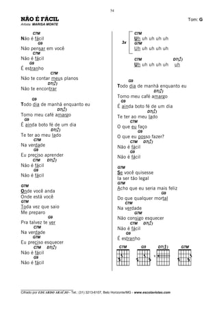 54

NÃO É FÁCIL                                                                                             Tom: G
Artista: MARISA MONTE

        C7M                                                            C7M
Não é fácil                                                            Uh uh uh uh uh
             G9                                              3x        G7M
Não pensar em você                                                     Uh uh uh uh uh
        C7M
Não é fácil                                                            C7M
                                                                                                   9
                                                                                               D7(4 )
       G9                                                              Uh uh uh uh uh          uh
É estranho
                    C7M
Não te contar meus planos                                         G9
                       9
                  D7(4 )
                                                           Todo dia de manhã enquanto eu
Não te encontrar                                                                          9
                                                                                      D7(4 )
                                                           Tomo meu café amargo
        G9
                                                            G9
Todo dia de manhã enquanto eu                              É ainda boto fé de um dia
                               9
                           D7(4 )                                                     9
                                                                               D7(4 )
Tomo meu café amargo                                       Te ter ao meu lado
  G9
                                                                  C7M
É ainda boto fé de um dia                                  O que eu faço
                           9
                    D7(4 )                                              G9
Te ter ao meu lado                                         O que eu posso fazer?
        C7M                                                                      9
                                                                  C7M        D7(4 )
Na verdade                                                 Não é fácil
        G9
                                                                  G9
Eu preciso aprender                                        Não é fácil
                       9
        C7M       D7(4 )
Não é fácil                                                G7M
        G9
                                                           Se você quisesse
Não é fácil
                                                           Ia ser tão legal
                                                           G7M
G7M
                                                           Acho que eu seria mais feliz
Onde você anda                                                                            G9
Onde está você                                             Do que qualquer mortal
G7M                                                            C7M
Toda vez que saio                                          Na verdade
Me preparo                                                             G7M
                  G9                                       Não consigo esquecer
Pra talvez te ver                                                 C7M
                                                                                 9
                                                                             D7(4 )
        C7M                                                Não é fácil
Na verdade                                                       G9
        G7M                                                É estranho
Eu preciso esquecer
                       9
        C7M       D7(4 )
Não é fácil
                                                                                      V
        G9
Não é fácil




________________________________
Cifrado por EDUARDO ARAÚJO - Tel.: (31) 3213-6107, Belo Horizonte/MG - www.escolaviolao.com
 
