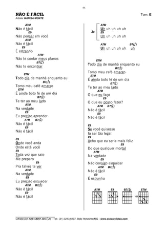 55

NÃO É FÁCIL                                                                                                 Tom: E
Artista: MARISA MONTE

        A7M                                                            A7M
Não é fácil                                                            Uh uh uh uh uh
           E9                                                   3x     E9
Não pensar em você                                                     Uh uh uh uh uh
        A7M
Não é fácil                                                            A7M
                                                                                                      9
                                                                                                  B7(4 )
     E9                                                                Uh uh uh uh uh             uh
É estranho
                  A7M
Não te contar meus planos                                            E7M
                         9
                 B7(4 )
                                                           Todo dia de manhã enquanto eu
Não te encontrar                                                                             9
                                                                                         B7(4 )
                                                           Tomo meu café amargo
        E7M
                                                            E7M
Todo dia de manhã enquanto eu                              É ainda boto fé de um dia
                                 9
                             B7(4 )                                                      9
                                                                                  B7(4 )
Tomo meu café amargo                                       Te ter ao meu lado
  E7M
                                                                     A7M
É ainda boto fé de um dia                                  O que eu faço
                         9
                 B7(4 )                                                    E9
Te ter ao meu lado                                         O que eu posso fazer?
        A7M                                                                         9
                                                                     A7M        B7(4 )
Na verdade                                                 Não é fácil
        E9
                                                                     E9
Eu preciso aprender                                        Não é fácil
                     9
        A7M     B7(4 )
Não é fácil                                                E9
        E9
                                                           Se você quisesse
Não é fácil
                                                           Ia ser tão legal
                                                           E9
E9
                                                           Acho que eu seria mais feliz
Onde você anda                                                                               E9
Onde está você                                             Do que qualquer mortal
E9                                                               A7M
Toda vez que saio                                          Na verdade
Me preparo                                                             E9
                E9                                         Não consigo esquecer
Pra talvez te ver                                                     A7M
                                                                                    9
                                                                                B7(4 )
        A7M                                                Não é fácil
Na verdade                                                       E9
          E9                                               É estranho
Eu preciso esquecer
                     9
        A7M     B7(4 )
Não é fácil
        E9
Não é fácil                                                                                           VII




________________________________
Cifrado por EDUARDO ARAÚJO - Tel.: (31) 3213-6107, Belo Horizonte/MG - www.escolaviolao.com
 