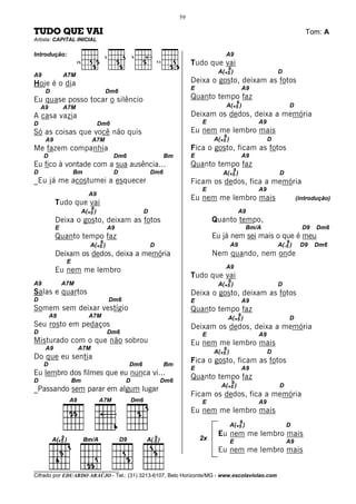 59

TUDO QUE VAI                                                                                                                           Tom: A
Artista: CAPITAL INICIAL

Introdução:                        X             X
                                                                                         A9
                    IX                                       VI             Tudo que vai
                                                                                            9
                                                                                      A(+5 )                            D
A9            A7M
Hoje é o dia                                                                Deixa o gosto, deixam as fotos
                                                                            E                           A9
     D                             Dm6
Eu quase posso tocar o silêncio                                             Quanto tempo faz
                                                                                                    9
    A9        A7M                                                                        A(+5 )                                 D
A casa vazia                                                                Deixam os dedos, deixa a memória
D                                 Dm6                                           E                              A9
Só as coisas que você não quis                                              Eu nem me lembro mais
                                                                                        9
     A9                      A7M                                                     A(+5 )                         D
Me fazem companhia                                                          Fica o gosto, ficam as fotos
     D                                  Dm6                       Bm        E                           A9
Eu fico à vontade com a sua ausência...                                     Quanto tempo faz
                                                                                                9
D                  Bm                   D                Dm6                            A(+5 )                          D
_Eu já me acostumei a esquecer                                              Ficam os dedos, fica a memória
                                                                                E                              A9
                           A9
                                                                            Eu nem me lembro mais                                   (introdução)
          Tudo que vai
                            9
                         A(+5 )                      D                                              A9
          Deixa o gosto, deixam as fotos                                             Quanto tempo,
          E                          A9                                                                     Bm/A                      D9   Dm6
          Quanto tempo faz                                                           Eu já nem sei mais o que é meu
                               9                                                                                            9
                            A(+5 )                       D                                    A9                        A(-5 )       D9    Dm6
          Deixam os dedos, deixa a memória                                           Nem quando, nem onde
               E
                                                                                         A9
          Eu nem me lembro
                                                                            Tudo que vai
                                                                                            9
A9            A7M                                                                     A(+5 )                            D
Salas e quartos                                                             Deixa o gosto, deixam as fotos
D                                      Dm6                                  E                           A9
Somem sem deixar vestígio                                                   Quanto tempo faz
         A9                A7M                                                                      9
                                                                                            A(+5 )                              D
Seu rosto em pedaços                                                        Deixam os dedos, deixa a memória
D                                    Dm6                                        E                              A9
Misturado com o que não sobrou                                              Eu nem me lembro mais
     A9             A7M                                                                 9
                                                                                     A(+5 )                         D
Do que eu sentia                                                            Fica o gosto, ficam as fotos
     D                                        Dm6                 Bm
                                                                            E                           A9
Eu lembro dos filmes que eu nunca vi...
D                  Bm                        D                Dm6
                                                                            Quanto tempo faz
                                                                                                9
                                                                                       A(+5 )                           D
_Passando sem parar em algum lugar
                                                                            Ficam os dedos, fica a memória
                                                                                E                              A9
                                                                            Eu nem me lembro mais
                                                                                                        9
                                                                                              A(+5 )                        D
                                                                                      Eu nem me lembro mais
                                                                                2x            E                             A9
                                                                                      Eu nem me lembro mais

________________________________
Cifrado por EDUARDO ARAÚJO - Tel.: (31) 3213-6107, Belo Horizonte/MG - www.escolaviolao.com
 