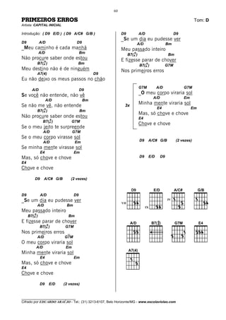 60

PRIMEIROS ERROS                                                                                                      Tom: D
Artista: CAPITAL INICIAL

Introdução: ( D9 E/D ) ( D9 A/C# G/B )                      D9             A/D                          D9
                                                            _Se um dia eu pudesse ver
D9            A/D                       D9                                A/D                     Bm
_Meu caminho é cada manhã                                   Meu passado inteiro
              A/D                           Bm                        9
                                                                  B7(4 )                           Bm
Não procure saber onde estou                                E fizesse parar de chover
                   9
             B7(4 )                      Bm                                      9
                                                                           B7(4 )                 G7M
Meu destino não é de ninguém                                Nos primeiros erros
             A7(4)                                D9
Eu não deixo os meus passos no chão
                                                                           G7M             A/D               G7M
       A/D                                  D9
Se você não entende, não vê                                                _O meu corpo viraria sol
                                                                                       A/D                   Em
                    A/D                      Bm
Se não me vê, não entende                                     3x
                                                                           Minha mente viraria sol
                   9                                                                       E4                     Em
             B7(4 )                         Bm
                                                                           Mas, só chove e chove
Não procure saber onde estou                                               E4
                           9
                   B7(4 )            G7M
                                                                           Chove e chove
Se o meu jeito te surpreende
                   A/D                 G7M
Se o meu corpo virasse sol
                   A/D                  Em                                 D9        A/C# G/B            (2 vezes)
Se minha mente virasse sol
              E4                       Em
Mas, só chove e chove                                                      D9        E/D     D9
E4
Chove e chove

         D9        A/C# G/B          (2 vezes)



D9            A/D                      D9
_Se um dia eu pudesse ver                                   VII
                                                                                                  IV
             A/D                  Bm                                             IX
Meu passado inteiro
         9
     B7(4 )                        Bm
E fizesse parar de chover
                       9
              B7(4 )             G7M
Nos primeiros erros _
             A/D                 G7M
O meu corpo viraria sol
             A/D                  Em
Minha mente viraria sol
              E4                       Em
Mas, só chove e chove
E4
Chove e chove

              D9           E/D   (2 vezes)


________________________________
Cifrado por EDUARDO ARAÚJO - Tel.: (31) 3213-6107, Belo Horizonte/MG - www.escolaviolao.com
 