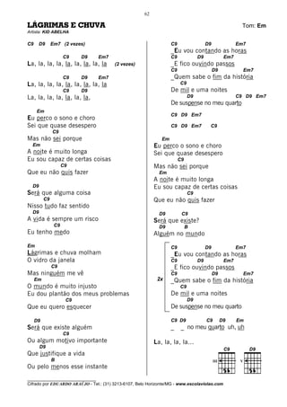 62

LÁGRIMAS E CHUVA                                                                                           Tom: Em
Artista: KID ABELHA

C9    D9       Em7 (2 vezes)                                       C9                  D9                Em7
                                                                   _Eu vou contando as horas
                     C9    D9      Em7                             C9             D9               Em7
La, la, la, la, la, la, la, la, la       (2 vezes)                 _E fico ouvindo passos
                                                                   C9                       D9                Em7
                     C9    D9      Em7                             _Quem sabe o fim da história
La, la, la, la, la, la, la, la, la                                      C9
                     C9    D9                                      De mil e uma noites
La, la, la, la, la, la, la,                                                  D9                          C9 D9 Em7
                                                                   De suspense no meu quarto
     Em
                                                                   C9 D9 Em7
Eu perco o sono e choro
Sei que quase desespero                                            C9 D9 Em7            C9
               C9
Mas não sei porque                                            Em
  Em                                                       Eu perco o sono e choro
A noite é muito longa                                      Sei que quase desespero
Eu sou capaz de certas coisas                                           C9
                     C9                                    Mas não sei porque
Que eu não quis fazer                                        Em
                                                           A noite é muito longa
  D9                                                       Eu sou capaz de certas coisas
Será que alguma coisa                                                        C9
          C9                                               Que eu não quis fazer
Nisso tudo faz sentido
  D9                                                         D9          C9
A vida é sempre um risco                                   Será que existe?
                C9                                           D9              B
Eu tenho medo                                              Alguém no mundo
Em                                                                 C9                  D9                Em7
Lágrimas e chuva molham                                            _Eu vou contando as horas
O vidro da janela                                                  C9             D9               Em7
               C9                                                  _E fico ouvindo passos
Mas ninguém me vê                                                  C9                       D9                Em7
     Em                                                     2x     _Quem sabe o fim da história
O mundo é muito injusto                                                 C9
Eu dou plantão dos meus problemas                                  De mil e uma noites
                      C9                                                     D9
Que eu quero esquecer                                              De suspense no meu quarto

     D9                                                            C9 D9               C9         D9     Em
Será que existe alguém                                             _     _ no meu quarto uh, uh
                     C9
Ou algum motivo importante                                 La, la, la, la...
       D9
Que justifique a vida
               B                                                                            III           V
Ou pelo menos esse instante
________________________________
Cifrado por EDUARDO ARAÚJO - Tel.: (31) 3213-6107, Belo Horizonte/MG - www.escolaviolao.com
 