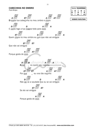 33

CABECINHA NO OMBRO

Batida: GUARÂNIA

Paulo Borges

a
d

A

E7

‰

a Å
a
d
a
A

p

A7

D

A

A

E conta logo a tua mágoa toda para mim
E7

‰

D

A

A

Quem chora no meu ombro eu juro que não vai embora
E7

‰
a Å
E7

Que não vai embora
A

A7

Porque gosta de mim

d
‰
d

D

a
a Å
a

D

Amor

E7

Por que

A

A

_ eu quero seu carinho
E7

A

A7

_ eu vivo tão sozinho

D

D

A

A

Não sei se a saudade fica ou se vai embora
E7

‰
a

E7

Se ela vai embora

A

ma

i

ma

VERSÃO FACILITADA

Encosta tua cabecinha no meu ombro e chora
D

i

A

Porque gosta de mim

__________________________________

Cifrado por EDUARDO ARAÚJO - Tel.: (31) 3213-6107, Belo Horizonte/MG - www.escolaviolao.com

 