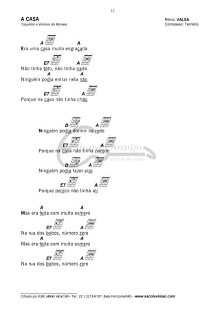 12

A CASA

Ritmo: VALSA
Compasso: Ternário

Toquinho e Vinícius de Moraes

a
‰

A

A

Era uma casa muito engraçada

a

E7

A

Não tinha teto, não tinha nada
A

A

Ninguém podia entrar nela não
E7

‰

a

A

Porque na casa não tinha chão

d a
‰
a
d a
‰
a

D

A

Ninguém podia dormir na rede
E7

A

Porque na casa não tinha parede
D

A

Ninguém podia fazer pipi
E7

A

Porque penico não tinha ali

A

A

Mas era feita com muito esmero
E7

‰

a

A

Na rua dos bobos, número zero
A

A

Mas era feita com muito esmero
E7

‰

a

A

Na rua dos bobos, número zero

__________________________________

Cifrado por EDUARDO ARAÚJO - Tel.: (31) 3213-6107, Belo Horizonte/MG - www.escolaviolao.com

 