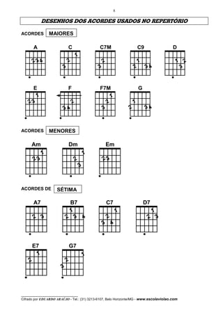8
__________________________________
Cifrado por EDUARDO ARAÚJO - Tel.: (31) 3213-6107, Belo Horizonte/MG - www.escolaviolao.com
DESENHOS DOS ACORDES USADOS NO REPERTÓRIO
ACORDES
_
A
_
D
_
C9
_
C7M
_
C
_
E
_
F
_
G
_
F7M
ACORDES
_
Am
_
Dm
_
Em
ACORDES DE
_
A7
_
B7
_
C7
_
D7
_
E7
_
G7
MAIORES
MENORES
SÉTIMA
 