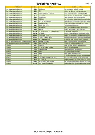 REPERTÓRIO NACIONAL Página 114
INTÉRPRETE CÓDIGO TÍTULO INÍCIO DA LETRA
Zezé Di Camargo e Luciano 7065 BALANÇOU Eu quero ver o agito da massa
Zezé Di Camargo e Luciano 7146 FOI Chuva cai lá fora e molha meu rosto
Zezé Di Camargo e Luciano 7154 HOJE EU QUERO TE AMAR Meu amor me espere vou logo chegar
Zezé Di Camargo e Luciano 7179 MEU PAÍS Aqui não falta sol aqui não falta chuva a terra
Zezé Di Camargo e Luciano 7246 SEUS OLHOS Seus olhos são dois faróis na noite
Zezé Di Camargo e Luciano 7304 ÁTOMOS Do universo eu sou uma partícula particular
Zezé Di Camargo e Luciano 7339 DIZ PRO MEU OLHAR Quantas vezes em silêncio desejei sumir daqui
Zezé Di Camargo e Luciano 7341 DOCE MALDADE Você fala que é de mim que você gosta
Zezé Di Camargo e Luciano 7551 AMOR QUE FICA Tá com medo de olhar...
Zezé Di Camargo e Luciano 9311 OLHA EU AÍ Olha eu aí viajando no seu sentimento
Zezé Di Camargo e Luciano 9639 CHEGA Chega de quebrar a cara com você
Zezé Di Camargo e Luciano 15226 EU TÔ NA PISTA, EU TÔ SOLTEIRO É doce mel azul do céu
Zezé Di Camargo e Luciano 15478 TEORIAS Embora às vezes possa parecer estranho
Zezé Di Camargo e Luciano 15660 FLORES EM VIDA Quero seu amor agora não a saudade depois
Zezé Di Camargo e Luciano 15692 FLOR DE FLAMBOYANT Enquanto o mundo girar enquanto uma estrela
Zezé Di Camargo e Luciano 16002 ME LEVA PRA CASA Cansei de ficar sozinho na rua não tem
Zezé Di Camargo e Luciano - Paula Fernandes 16057 CRIAÇÃO DIVINA Deus criou o universo em harmonia
Zezé Di Camargo e Luciano-Júlio Iglesias 4074 DOIS AMIGOS Amigo eu vim aqui pra te falar
Zizi Possi 1211 CORSÁRIO Meu coração tropical tá coberto de
Zizi Possi 1770 EU SÓ SEI AMAR ASSIM Muito pra mim é nada
Zizi Possi 3020 ASA MORENA Me faz pequena asa morena
Zizi Possi 3173 NOITE Eu fico quieta num canto
Zizi Possi 3214 PERIGO Nem quero saber se o clima...
Zizi Possi 6163 A PAZ A paz invadindo meu coração de repente me
Zizi Possi 6787 O AMOR VEM PRA CADA UM Seu coração tem algo que nunca muda
Zizi Possi 7958 EU ANDO OK Vidão verão que sol paixão tranquilo o sol
Zizi Possi 9284 MEU AMIGO, MEU HERÓI Óh meu amigo meu herói oh como dói saber
Zizi Possi 15556 SEM VOCÊ (BUSY MAN) Pra onde eu vou agora livre mas sem você
ESCOLHA A SUA CANÇÃO E BOA SORTE !
 