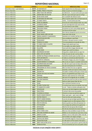 REPERTÓRIO NACIONAL Página 15
INTÉRPRETE CÓDIGO TÍTULO INÍCIO DA LETRA
Bruninho e Davi - Luan Santana 16179 E ESSA BOCA AÍ Sabe àquela hora no show que o cantor
Bruno e Barretto 15897 FARRA, PINGA E FOGUETE Hoje eu quero um dia de sossego...
Bruno e Marrone 1172 NÃO TENTE ME IMPEDIR Dundêrarium... Eu jurar amor para que você
Bruno e Marrone 1193 AMOR NÃO VAI FALTAR Me diz o que você quer que eu te faça
Bruno e Marrone 1250 DUAS VEZES VOCÊ Se a saudade não doesse assim
Bruno e Marrone 1255 FLASH BACK DE NÓS DOIS Mas se quiser pode rolar um flash back de
Bruno e Marrone 1341 TE AMO TANTO Tanto... Te amo tanto que não...
Bruno e Marrone 1436 PODE IR EMBORA Procurei em outros braços sentir seu calor
Bruno e Marrone 1447 CHAMEGO BOM Ai que chamego bom que você me faz
Bruno e Marrone 1456 LÁGRIMAS E VINHO Foi com flores e com vinho
Bruno e Marrone 1468 SEJA BEM-VINDA Encontrei no carro uma antiga agenda
Bruno e Marrone 1650 CAI FORA Cai fora eu tô em outra
Bruno e Marrone 1663 BOM DEMAIS Bom demais despertar pra te encontrar...
Bruno e Marrone 1675 HOJE AMOR, NÃO VAI DAR Hoje amor não vai dar
Bruno e Marrone 1682 AMIGA AMANTE E NAMORADA Quando eu te conheci de fato me
Bruno e Marrone 1718 TENTATIVAS EM VÃO Se eu soubesse o que fazer
Bruno e Marrone 1746 SONHANDO Se passa o dia paro escuto o vento
Bruno e Marrone 2856 PAREDE DE VIDRO Tá se escondendo em parede de vidro
Bruno e Marrone 3938 TE AMO E NÃO TE QUERO Pegue tudo aquilo que é seu
Bruno e Marrone 3972 REI DO RODEIO Eu sou peão, sou cabra macho
Bruno e Marrone 3988 ALÇAPÃO Você acha fácil chegar dizendo que
Bruno e Marrone 4300 VIDA VAZIA Depois que você foi embora
Bruno e Marrone 4302 AGARRADA EM MIM Enquanto a cidade dorme eu aqui me
Bruno e Marrone 6143 MEU JEITO DE SENTIR Toda vez que vai sair o sol eu estou
Bruno e Marrone 6173 DORMI NA PRAÇA (VERSÃO ACÚSTICA) Caminhei sozinho pela rua falei com as
Bruno e Marrone 6232 POR UM MINUTO E todos os amantes já adormeceram
Bruno e Marrone 6247 AMOR DE CARNAVAL Primavera chegou seu amor me pegou
Bruno e Marrone 6309 QUEM MANDA É O CORAÇÃO Não vai dar pra segurar a saudade machucando
Bruno e Marrone 6322 ACORRENTADO EM VOCÊ Eu não sei o que é que eu faço estou num
Bruno e Marrone 6395 UM BOM PERDEDOR Sei que você pensa em me deixar
Bruno e Marrone 6431 PROGRAMA DE FIM DE SEMANA Não me deixe fora da sua agenda
Bruno e Marrone 6448 BIJUTERIA Quando a noite cai é que eu sinto a falta
Bruno e Marrone 6484 AGORA VAI Vai pode ir embora antes que a chuva caia
Bruno e Marrone 6529 CREDO EM CRUZ AVE MARIA Desce uma geladinha que hoje eu vou
Bruno e Marrone 6541 MENINA Menina cada instante em minha vida
Bruno e Marrone 6615 LIGAÇÃO URBANA Alô amor tô te ligando de um orelhão
Bruno e Marrone 6678 VAI DAR NAMORO Do jeito que você me olha vai dar namoro
Bruno e Marrone 6689 DEIXA Deixa eu pelo menos falar de nós
Bruno e Marrone 6751 SERÁ Sou o primeiro homem na Lua
Bruno e Marrone 6790 SE NÃO TIVESSE IDO E eu pensei que nunca ia te perder mas tudo
Bruno e Marrone 6837 TE AMAR FOI ILUSÃO Eu sei... Talvez eu tenha sufocado o teu
Bruno e Marrone 6844 APAZIGUAR Outra vez nós dois brigamos outra vez nos
Bruno e Marrone 6856 INEVITÁVEL É animal é tão voraz essa paixão
Bruno e Marrone 6899 CHORAM AS ROSAS Choram as rosas seu perfume agora se
Bruno e Marrone 6972 QUER CASAR COMIGO? Quer quer quer... quer casar comigo
Bruno e Marrone 7120 ENTÃO PODE IR Você me fala com tanta certeza
Bruno e Marrone 7217 POR TE AMAR DEMAIS Eu já sei sei que vai ligar querendo me
Bruno e Marrone 7229 QUE PESCAR QUE NADA Já paguei quem eu devia graças a Deus
Bruno e Marrone 7368 FRUTO ESPECIAL Gosto quando sua mão vem passear no
Bruno e Marrone 7460 TÁ PEGANDO Tá no toque da sanfona tá no gosto do
Bruno e Marrone 7582 DESIGUAIS Não faz mal sei que já não me quer
Bruno e Marrone 7634 MARIANNE No dia do aniversário do nosso namoro
Bruno e Marrone 7723 VÊ SE TOMA JUÍZO Não vou mais acreditar no que me fala
Bruno e Marrone 9320 PRA NÃO MORRER DE AMOR Melhor se me avisasse por que levou meus
Bruno e Marrone 9379 ABAFA O CASO Abafa o caso eu não quero saber mais de
Bruno e Marrone 9386 AMOR DE BALADA Saí fui beber com alguns amigos
Bruno e Marrone 9412 CASTELO DE AREIA Vou tentando segurar é loucura te que
Bruno e Marrone 9458 FICAR POR FICAR Eu não quero só ficar quero mais que a
Bruno e Marrone 9494 NÃO TEM OUTRO JEITO Se quer parar se quer pensar a gente então dá
Bruno e Marrone 9645 COISA DE PELE Se eu te encontrar por aí eu vou pedir a Deus
ESCOLHA A SUA CANÇÃO E BOA SORTE !
 