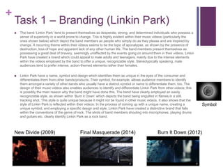 +
Task 1 – Branding (Linkin Park)
 The band ‘Linkin Park’ tend to present themselves as desperate, strong, and determined individuals who possess a
sense of superiority in a world prone to change. This is highly evident within their music videos (particularly the
ones shown below) which depict the band members as people who simply do as they please and are inspired by
change. A recurring theme within their videos seems to be the topic of apocalypse, as shown by the presence of
destruction, loss of hope and apparent lack of any other human life. The band members present themselves as
possessing a great deal of bravery, seemingly unaffected by the events going on around them in their videos. Linkin
Park have created a brand which could appeal to male adults and teenagers, mainly due to the intense elements
within the videos employed by the band to offer a unique, recognizable style. Stereotypically speaking, male
audiences tend to prefer intense, action-themed elements rather than females.
 Linkin Park have a name, symbol and design which identifies them as unique in the eyes of the consumer and
differentiates them from other bands/products. Their symbol, for example, allows audience members to identify
them amongst a variety of other bands who usually have a distinct symbol or name to differentiate them, too. The
design of their music videos also enables audiences to identify and differentiate Linkin Park from other videos; this
is possibly the main reason why the band might have done this. The band have clearly employed an easily
recognizable style, as shown within ‘Burn it Down’ which depicts the band being engulfed in flames in a still,
tracking shot. This style is quite unique because it might not be found in other music videos. It also shows that the
style of Linkin Park is reflected within their videos. In the process of coming up with a unique name, creating a
unique symbol, and employing a specific design and style, Linkin Park have created a distinctive brand that falls
within the conventions of the genre of rock. The shots of band members shouting into microphones, playing drums
and guitars etc. clearly identify Linkin Park as a rock band.
Symbol
New Divide (2009) Final Masquerade (2014) Burn It Down (2012)
 