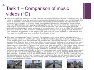 +
Task 1 – Comparison of music
videos (1D)
 The music video for ‘You and I’ by One Direction has an emotional atmosphere. Those watching are
made to understand what the band members are going through and how they are trying to cope. It is
made to look like a ‘one shot’ music video; this is evident due to the fact that the video consists of
action and is continuous in time and space, seemingly all from the perspective of a single camera.
However, different shots were clearly edited together, and the manner of which this was done does
well to show off the sophistication of the producers of the video. The band members are shown
walking forwards slowly on a pier, appearing to morph into each other (e.g. at 3:29). The main aim of
this video is clearly to offer inspiration and hope towards people who are going through depression.
This statement is influenced by the vocals of the song, which suggest depression, loss of hope, and
how a person should never give up and continue to stay strong.
 The band members make eye contact with the audience, proving that another intended aim is to
communicate with those watching the video. The band members possibly do this to stoop to the level
of the audience and allow them to share the pain they are clearly going through. It is also effective
because One Direction tend to base their videos on romance and parties and this is something much
different in comparison, mainly because the other videos seemed happy. Audiences always like to
see something different and the band have proven that they are capable of doing other things besides
showing the positive aspects of parties or relationships. It is possible to discern that the band are
singing about the process of going through depression, especially through the unique act of each
band member appearing individually at first; this makes them look lonely and lost. As the video comes
to an end, they are all shown together (2:49). An impression of people pulling together to cope with
loss is created. The video ends in a positive manner. Based on all of this, it is easy to assume that the
band are attempting to show how everyone, know matter who they are, will always make it through
depression and that when they do, life will be far better. In addition to this, the lyrics show that the
song is a declaration of defiance.
 