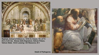Raphael, School of Athens (c. 1510-12, fresco, 19 x 27 ft
[5.8 x 8.23 m]). Stanza della Segnatura, Vatican Palace,
Vatican...