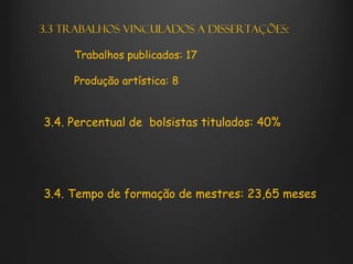 3.3 Trabalhos vinculados a dissertações:

     Trabalhos publicados: 17

     Produção artística: 8


3.4. Percentual de bolsistas titulados: 40%




3.4. Tempo de formação de mestres: 23,65 meses
 