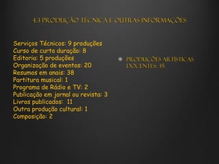 4.3 Produção Técnica e outras informações


Serviços Técnicos: 9 produções
Curso de curta duração: 8
Editoria: 5 produções                Produções artísticas
Organização de eventos: 20           Docentes: 35
Resumos em anais: 38
Partitura musical: 1
Programa de Rádio e TV: 2
Publicação em jornal ou revista: 3
Livros publicados: 11
Outra produção cultural: 1
Composição: 2
 