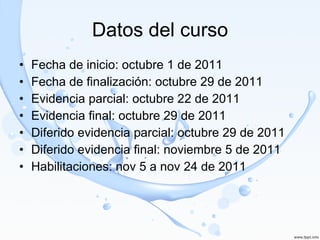 Datos del curso Fecha de inicio: octubre 1 de 2011 Fecha de finalización: octubre 29 de 2011 Evidencia parcial: octubre 22 de 2011 Evidencia final: octubre 29 de 2011 Diferido evidencia parcial: octubre 29 de 2011 Diferido evidencia final: noviembre 5 de 2011 Habilitaciones: nov 5 a nov 24 de 2011 