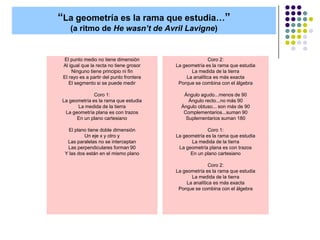 “La geometría es la rama que estudia…”
    (a ritmo de He wasn’t de Avril Lavigne)


 El punto medio no tiene dimensión                      Coro 2:
 Al igual que la recta no tiene grosor    La geometría es la rama que estudia
     Ninguno tiene principio ni fin             La medida de la tierra
 El rayo es a partir del punto frontera       La analítica es más exacta
    El segmento si se puede medir          Porque se combina con el álgebra

               Coro 1:                       Ángulo agudo...menos de 90
 La geometría es la rama que estudia           Ángulo recto...no más 90
       La medida de la tierra               Ángulo obtuso... son más de 90
  La geometría plana es con trazos           Complementarios...suman 90
       En un plano cartesiano                 Suplementarios suman 180

   El plano tiene doble dimensión                       Coro 1:
           Un eje x y otro y              La geometría es la rama que estudia
   Las paralelas no se interceptan              La medida de la tierra
   Las perpendiculares forman 90           La geometría plana es con trazos
  Y las dos están en el mismo plano             En un plano cartesiano

                                                        Coro 2:
                                          La geometría es la rama que estudia
                                                La medida de la tierra
                                              La analítica es más exacta
                                           Porque se combina con el álgebra
 