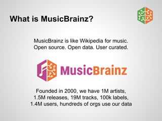 What is MusicBrainz?
MusicBrainz is like Wikipedia for music.
Open source. Open data. User curated.
Founded in 2000, we ha...