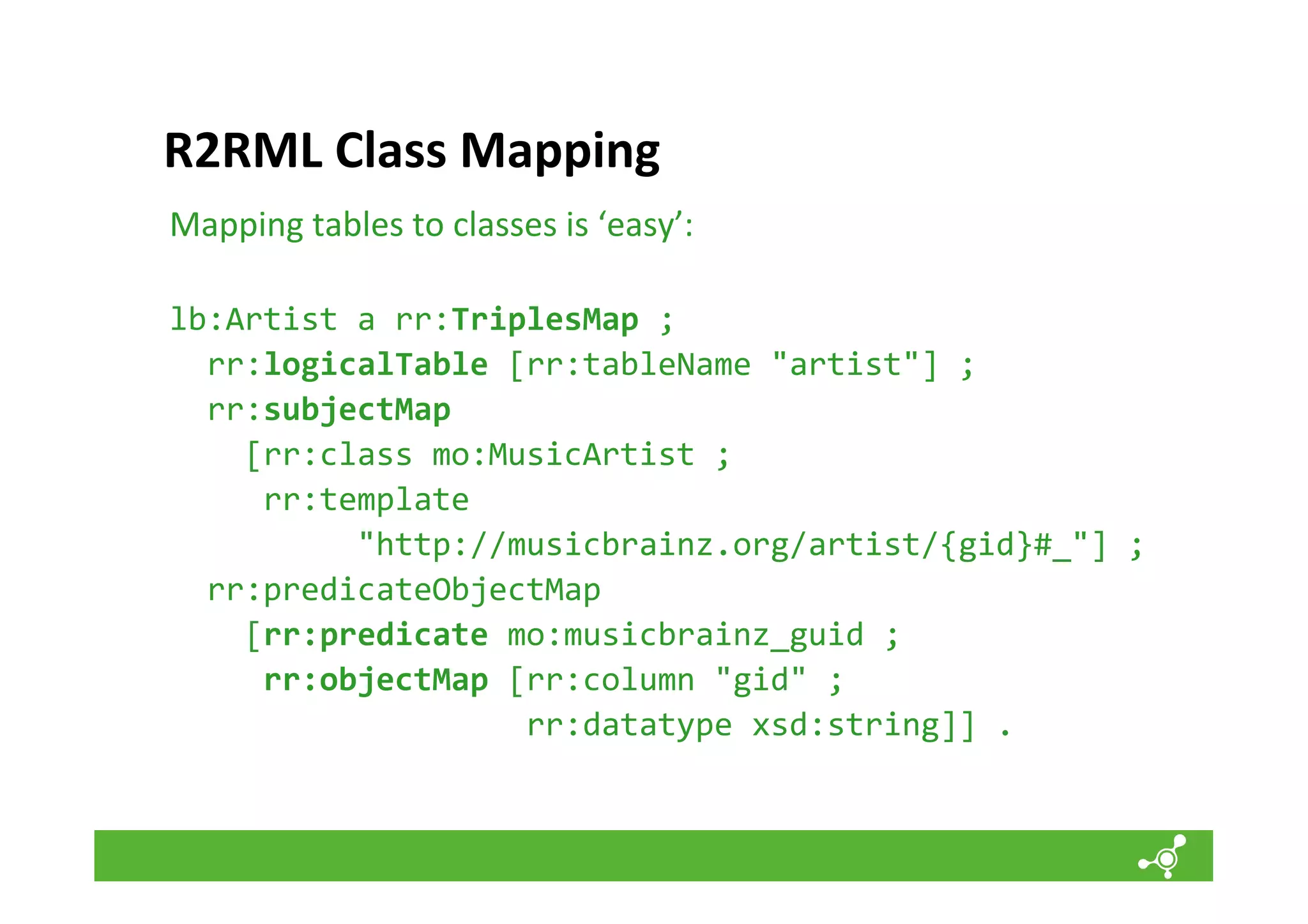 R2RML	
  Class	
  Mapping	
  
Mapping	
  tables	
  to	
  classes	
  is	
  ‘easy’:	
  
	
  
lb:Artist	
  a	
  rr:TriplesMap	
  ;	
  
	
  	
  rr:logicalTable	
  [rr:tableName	
  "artist"]	
  ;	
  
	
  	
  rr:subjectMap	
  	
  
	
  	
  	
  	
  [rr:class	
  mo:MusicArtist	
  ;	
  
	
  	
  	
  	
  	
  rr:template	
  	
  
	
  	
  	
  	
  	
  	
  	
  	
  	
  	
  "http://musicbrainz.org/artist/{gid}#_"]	
  ;
	
  
	
  	
  rr:predicateObjectMap	
  	
  
	
  	
  	
  	
  [rr:predicate	
  mo:musicbrainz_guid	
  ;	
  
	
  	
  	
  	
  	
  rr:objectMap	
  [rr:column	
  "gid"	
  ;	
  	
  
	
  	
  	
  	
  	
  	
  	
  	
  	
  	
  	
  	
  	
  	
  	
  	
  	
  	
  	
  rr:datatype	
  xsd:string]]	
  .	
  

	
  

 