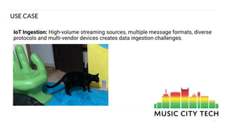 5
USE CASE
IoT Ingestion: High-volume streaming sources, multiple message formats, diverse
protocols and multi-vendor devices creates data ingestion challenges.
 