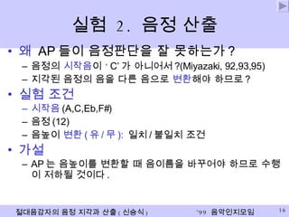 실험  2.  음정 산출 왜   AP 들이 음정판단을 잘 못하는가 ? 음정의  시작음 이 ‘ C’ 가 아니어서 ?(Miyazaki, 92,93,95) 지각된 음정의 음을 다른 음으로  변환 해야 하므로 ? 실험 조건 시작음 (A,C,Eb,F#) 음정 (12)   음높이  변환 ( 유 / 무 ):  일치 / 불일치 조건 가설 AP 는 음높이를 변환할 때 음이름을 바꾸어야 하므로 수행이 저하될 것이다 . 
