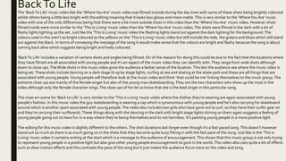 BackTo Life
The ‘BackTo Life’ music video like the ‘WhereYouAre’ music video was filmed outside during the day time with some of these shots being brightly coloured
whilst others being a little less bright with the editing meaning that it looks less glossy and more matte.This is very similar to the ‘WhereYouAre’ music
video with one of the only differences being that there were a lot more outside shots in this video than the ‘WhereYouAre’ music video. However shots
filmed inside were more similar to the ‘This Is Living’ music video than the ‘WhereYouAre’ music video.The shots were filmed in the dark with a lot of
flashy lights lighting up the set. Just like the ‘This Is Living’ music video the flashing lights stand out against the dark lighting for the background.The
colours used in this aren’t as bright coloured as the yellows on the ‘This Is Living’ music video but still include the reds, the greens and blues which still stand
out against the black. In terms of conveying the message of the song it would make sense that the colours are bright and flashy because the song is about
coming back alive which suggests being bright and lively coloured.
‘BackTo Life’ includes a variation of camera shots and angles being filmed. On of the reasons for doing this could be due to the fact that the locations where
they have filmed are all associated with young people and it’s an aspect of the music video they can identify with.They range from wide shots although
down to close ups.TheWide shots in the music video gives the audience a better sense of the location.This lets the audience see where the music video is
being set.These shots include dancing on a dark stage lit up by stage lights, surfing at sea and skating at the skate park and these are all things that are
associated with young people.Young people will therefore look at the music video and think ‘that could be me’ linking themselves to the music group.The
extreme close ups are mainly of the female singer but also of the young man skateboarding.They are the two characters who show up the most in the
video although only the female character sings.The close ups of her let us know that she is the lead singer in this particular song.
The mise-en-scene for ‘Back to Life’ is very similar to the ‘This is Living’ music video where the clothes they’re wearing are again associated with young
people’s fashion. In this music video the guy skateboarding is wearing a cap which is synonymous with young people and he’s also carrying his skateboard
around which is another sport associated with young people.The video also includes two girls who have gone out to surf, so they have their surfer gear on
and they’re carrying their surfboards.These things along with the dancing in the dark with bright stage lights shining on them again suggests a feeling of
young people going out to have fun in a way where they’re being themselves and its not harmless. It’s painting young people in a more positive light.
The editing for this music video is slightly different to the others.The shot durations last longer even though it’s a fast paced song.This doesn’t however
stand out so much as there is so much going on in the shots that they become quite busy fitting in with the fast pace of the song. Just like in the ‘This is
Living’ music video it contains writing at the start which is a message to the audience of encouragement.This shows that this music group is not only trying
to represent young people in a positive light but also give other young people encouragement to gout in the world.This video also uses quite a lot of effects
such as slow-motion effects and this contrasts the pace of the song but it just makes the audience focus more on the video and song.
 