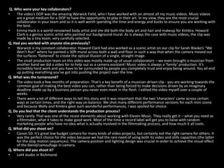 Q. Who were your key collaborators?
•    The video’s DOP was the amazing Warwick Field, who I have worked with on almost all my music videos. Music videos
     are a great medium for a DOP to have the opportunity to play in their art. In my view, they are the most crucial
     collaborator in your team and so it is well worth spending the time and energy and bucks to ensure you are working with
     the best.
•    Emma Hack is a world-renowned body artist and she did both the body art and hair and makeup for Kimbra. Howard
     Clark is a genius scenic artist who painted our background mural. As is always the case with music videos, the clip was
     made by a tiny team, very carefully selected.
Q. Had you worked with anyone else previously?
•    Warwick is my constant collaborator. Howard Clark had also worked as a scenic artist on our clip for Sarah Blasko’s “We
     Won’t Run” where he painted a 30ft mural across both a wall and floor in such a way that when the camera moved out
     the surfaces ‘flattened’ to create the optical illusion of a single, straight image.
•    The small production team on this video was mostly made up of usual collaborators – we even brought a musician from
     another band we did a video for to help out as a camera assistant! Music video is always a ‘family’ production. It’s
     incredibly hard work and you have to be surrounded by people you completely trust and enjoy being around. You all end
     up putting everything you’ve got into pushing the project over the line.
Q. What was the turnaround?
•    The video took a few months of preparation. That’s a key benefit of a musician-driven clip - you are working towards the
     common goal of making the best video you can, rather than being forced to make decisions driven by an imaginary
     deadline made up by a business person you never even meet in the flesh. I edited the video myself over a couple of
     weeks.
•    There were a lot of different ways to tell this story and it was important that the two ‘characters’ came across certain
     ways at certain times, and the right way on balance. We shot many different performance versions for each mini scene
     and because Wally and Kimbra gave such wonderful performances, I was spoiled for choice.
Q. Do you feel that the client understands the production process?
•    Very rarely. That was one of the nicest elements about working with Eleven Music. They really get it – what you need as
     a filmmaker, what it takes to make good work. Most of the time a record label will get you to liaise with random
     marketing people who have no idea what is actually involved in the filmmaking process, and how much it all costs.
Q. What did you shoot on?
•    Canon 5D. It’s great low budget camera for many kinds of video projects, but certainly not the right camera for others. It
     was the perfect choice for the video because we had the rare need of using both its video and stills capacities (the latter
     for the stop motion sequences). The camera position and lighting design was crucial in order to achieve the visual effect
     of the blend/camouflage in camera.
Q. Where did you shoot it?
•    Lot4 studio in Richmond.
 