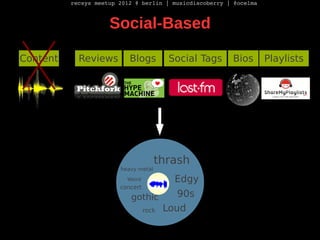 recsys meetup 2012 @ berlin | musicdiscoberry | @ocelma



                     Social-Based

Content     Reviews        B...
