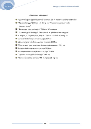 ХӨГЖИМ                                             ЕБСургуулийн хөгжмийн багш нарт




                      Ашигласан материал:

         “Дэлхийн уран зургийн дээжис” 2008 он 28-40-р тал “Леонардо да Винчи”
         “Урлагийн түүх” 2006 он 138-161-р тал “Сэргэн мандалтын үеийн
          дүрслэх урлаг”
         “Гадаадын хөгжмийн түүх” 2006 он 109-р талаас
         “Дэлхийн урлагийн түүх” CD 2006 он “Сэргэн мандалтын урлаг”
         Б. Наран, Г. Шүрэнцэцэг., нарын “Түүх-1” 2006 он 86-118-р тал
         Хөгжмийн боловсролын стандарт 2004 он
         Дүрслэх урлагийн боловсролын стандарт 2004 он
         Монгол хэл, уран зохиолын боловсролын стандарт 2004 он
         Газар зүйн боловсролын стандарт 2004 он
         Гадаад хэлний боловсролын стандарт 2004 он
         Түүхийн боловсролын стандарт 2004 он
         “Симфони найрал хөгжим” М. И. Чулаки 5-8-р тал




                                        13
 