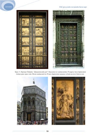 ХӨГЖИМ                                                            ЕБСургуулийн хөгжмийн багш нарт




         Зураг 3. Лоренцо Гиберти “Диваажингийн үүд” Хаалганы нэг хавтасандаа 10 ширхэг том дөрвөлжин
           дотор уран зураг мэт. Нөгөө хавтасанд нь 28 шоо дөрвөлжин шашны сэдэвт ингэмэл бүтээл юм.




                                                 16
 