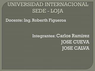 Docente: Ing. Roberth Figueroa


             Integrantes: Carlos Ramírez
                           JOSE CUEVA
                            JOSE CALVA
 