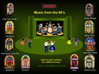 Music from the 60’s Click on each Jukebox for a different song ! Only The Lonely I’m Sorry Tell Laura I Love Her Josephine Corrina Red River Rock Sleep Walk Guitar Boogie Dream Lover Stay 點擊不同的唱機聽不同的音樂 ! 