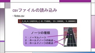 csvファイルの読み込み
• Notes.csv
ノーツの種類
１：ノーマルノーツ
２：ホールドノーツの始点
３：ホールドノーツの終点
 