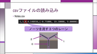 csvファイルの読み込み
• Notes.csv
ノーツを流す３つのレーン
０
１
２
 